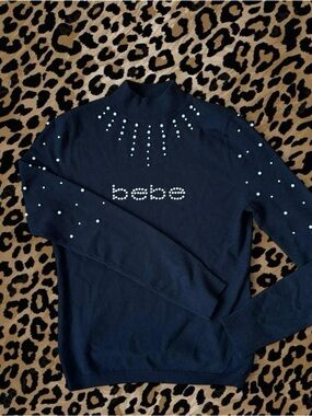 bebe Rhinestone Logo Mock Neck Sweater